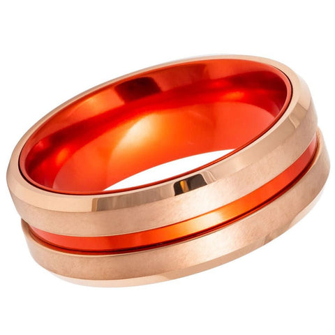 Unisex Rose Gold Orange Interior Tungsten Wedding Band- 8mm Engraved Tungsten Ring