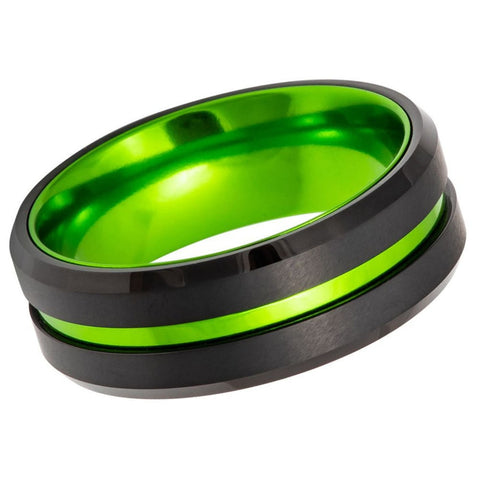 Men's 8mm Black & Acid Green Tungsten Wedding Ring