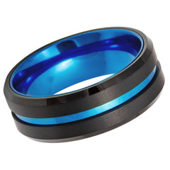 Men's Black Tungsten Cobalt Blue Stripe Blue Inner Band Wedding Band- 8mm Tungsten Ring