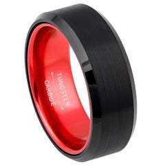 Men's Black And Red Brushed Tungsten Comfort Fit Wedding Band- 8mm Engraved Tungsten Ring