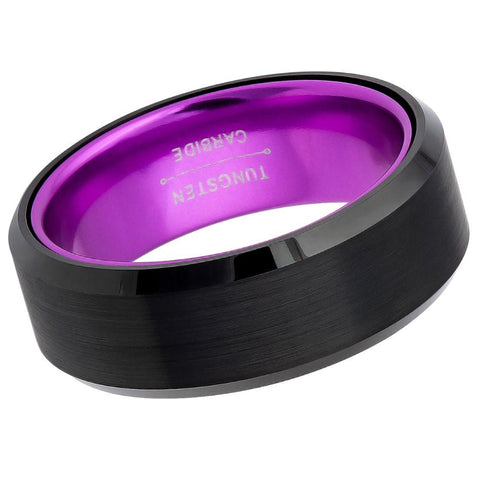 Unisex Purple And Black Tungsten Wedding Band- 8mm Engraved Tungsten Ring