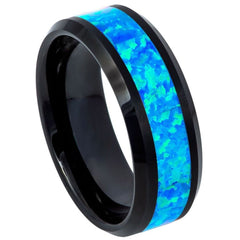 Unisex Black With Blue Green Opal Inlay Tungsten Wedding Band- 8mm Engraved Tungsten Ring