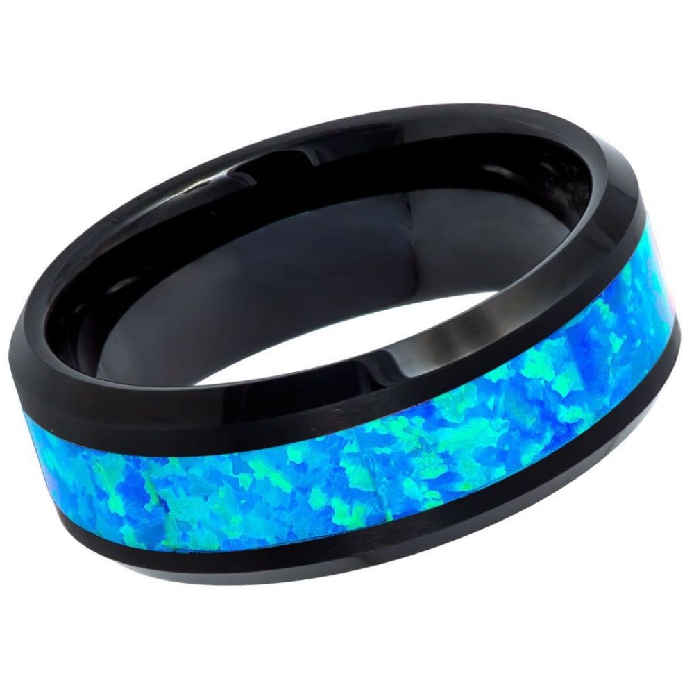 Unisex Black With Blue Green Opal Inlay Tungsten Wedding Band- 8mm Engraved Tungsten Ring