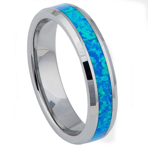 Unisex Silver Band With Blue Opal Inlay Tungsten- 6mm Engraved Tungsten Ring