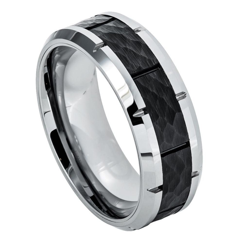 Men's Silver Band With Black Hammered Design Center Tungsten Wedding- 8mm Tungsten Ring