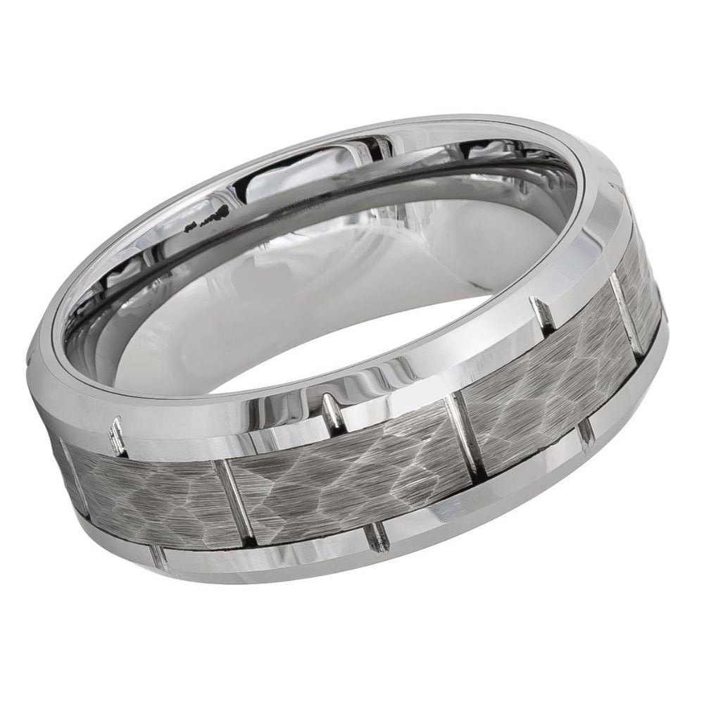 Men's Silver Band With Hammered Grey Center Design- 8mm Engraved Tungsten Ring