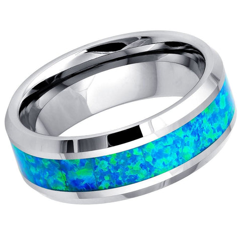 Unisex Blue Green Opal Inlay Wedding Tungsten- 8mm Tungsten Ring