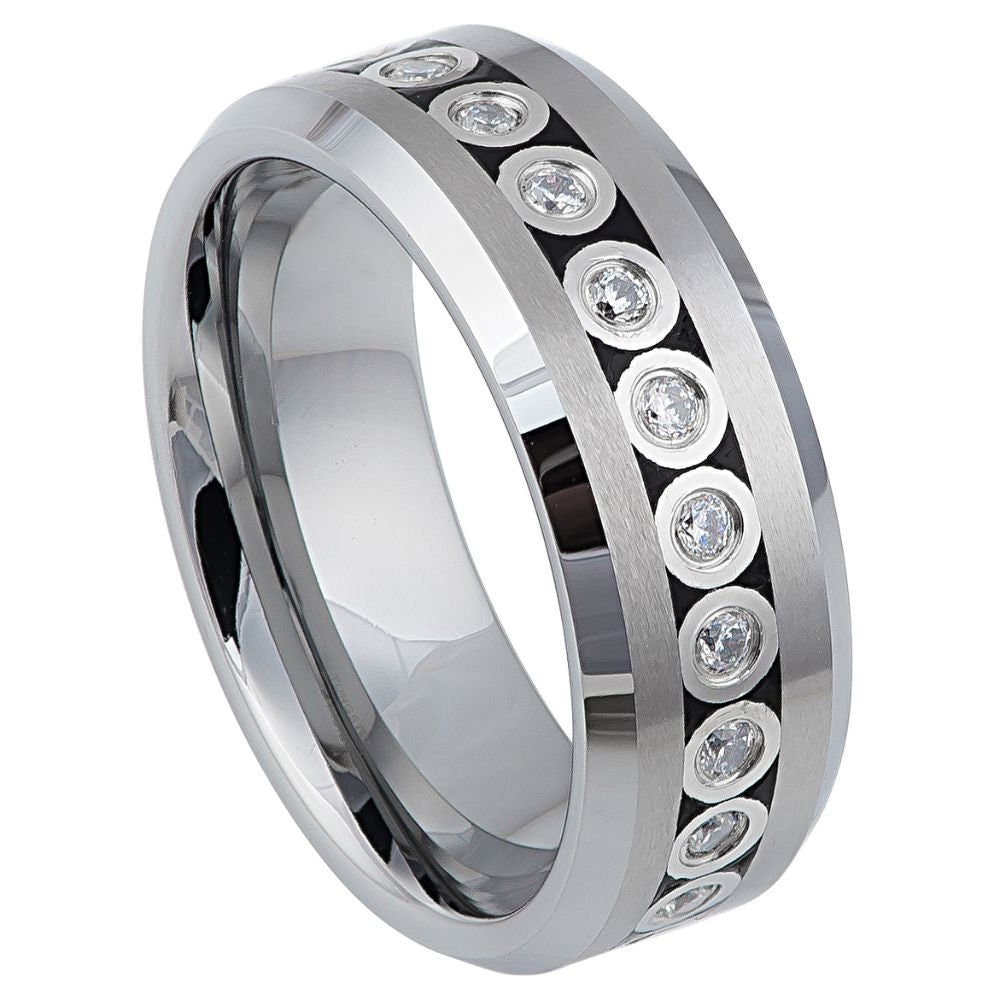 Unisex Silver CZ Stones Beveled Edge Polished Surface Wedding- 8mm Tungsten Ring