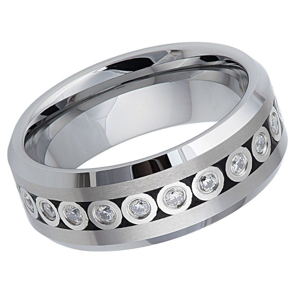 Unisex Silver CZ Stones Beveled Edge Polished Surface Wedding- 8mm Tungsten Ring