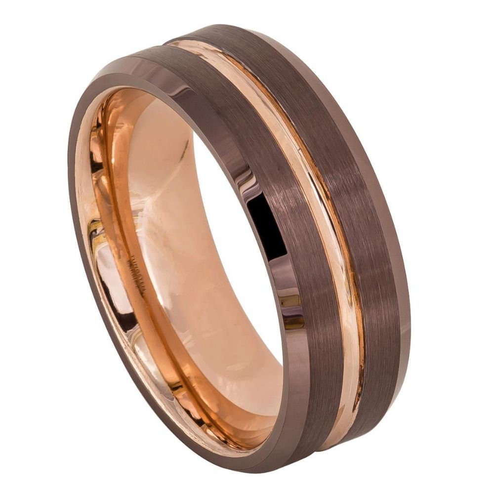 Unisex Chocolate Brown Rose Gold Tungsten Wedding Band- 8mm Tungsten Ring