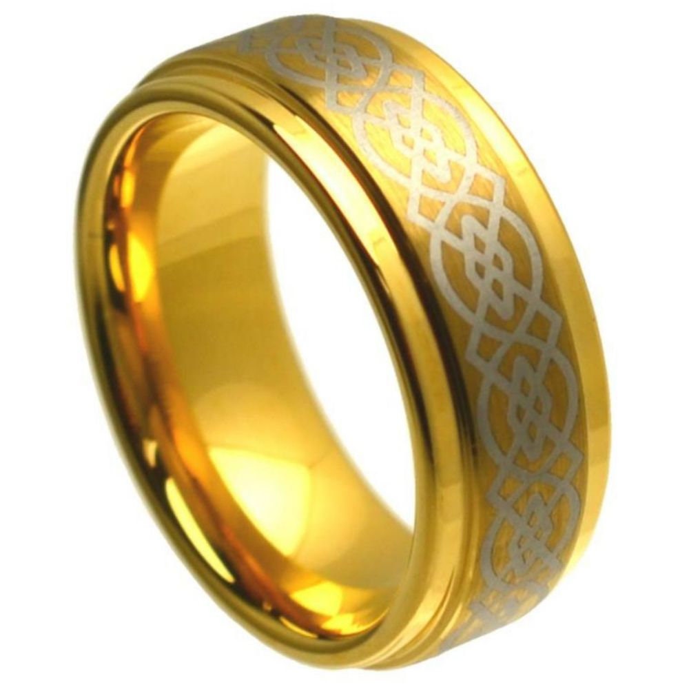 Unisex Tungsten Celtic Knot Yellow Gold Plated Wedding Band- 8mm Engraved Tungsten Ring