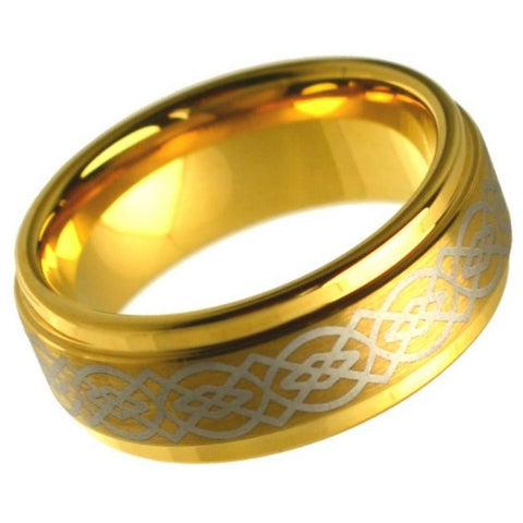 Unisex Tungsten Celtic Knot Yellow Gold Plated Wedding Band- 8mm Engraved Tungsten Ring