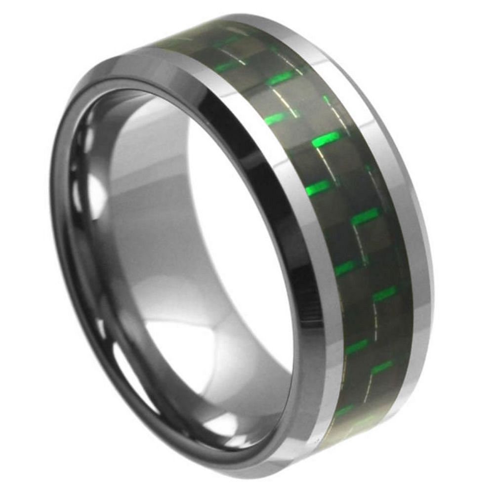 Unisex Tungsten Mirror Polished With Black Green Carbon Fiber Inlay Wedding Band- 8mm Engraved Tungsten Ring