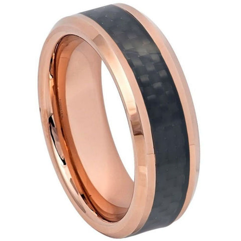 Men's Rose Gold Wedding Black Tungsten Hammered Wedding Band- 8mm Engraved Tungsten Ring