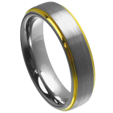 Unisex Shiny Brushed Silver With Yellow Gold Plated Finished Line Tungsten Wedding- 6mm Tungsten Ring