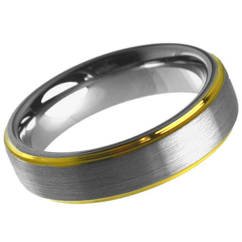 Unisex Shiny Brushed Silver With Yellow Gold Plated Finished Line Tungsten Wedding- 6mm Tungsten Ring