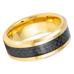 Men's Yellow Gold Wedding Band Tungsten Black Carbon Fiber Inlay- 8mm Engraved Tungsten Ring