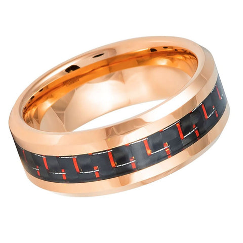 Unisex Rose Gold Tungsten With Red Fiber Inlay Wedding Band- 8mm Engraved Tungsten Ring