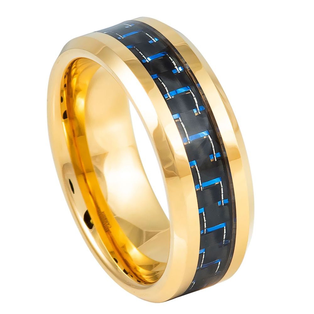 Men's Yellow Gold Tungsten With Blue Fibre Inlay Wedding Band- 8mm Engraved Tungsten Ring