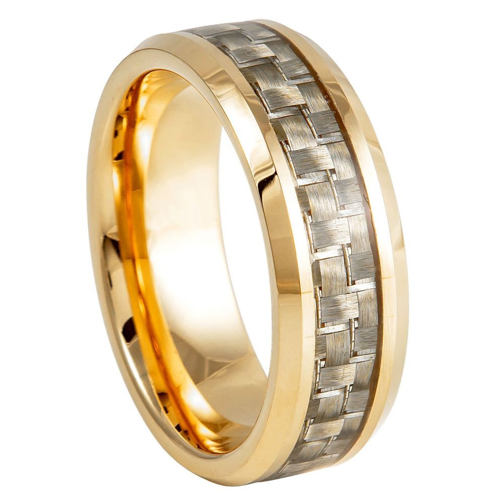 Men's Yellow Gold Tungsten Band With Brown Fiber Inlay Wedding Band- 8mm Engraved Tungsten Ring