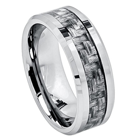 Men's Silver Band With Dark Grey Fiber Inlay Tungsten Wedding Band- 8mm Engraved Tungsten Ring