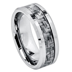 Men's Silver Band With Dark Grey Fiber Inlay Tungsten Wedding Band- 8mm Engraved Tungsten Ring