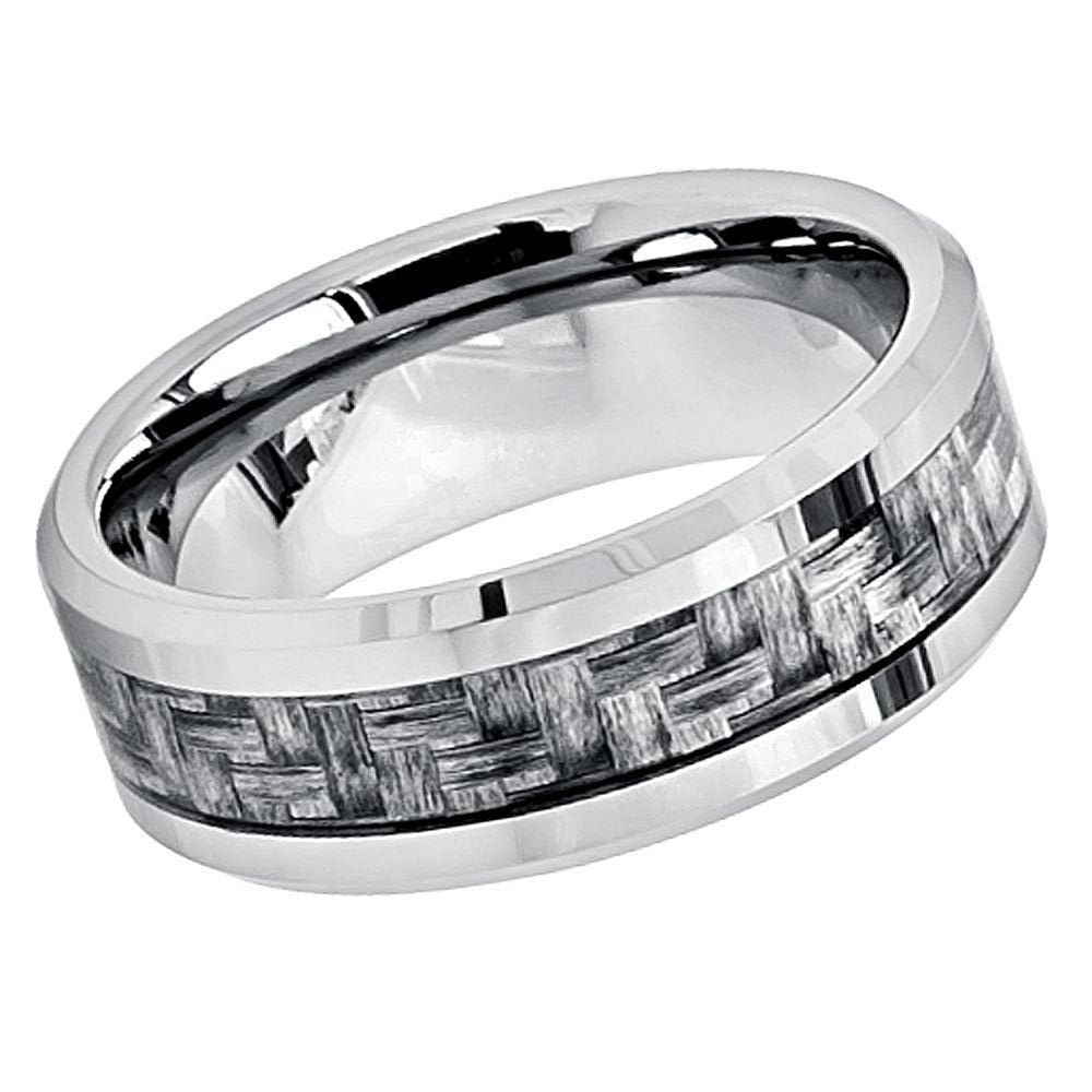 Men's Silver Band With Dark Grey Fiber Inlay Tungsten Wedding Band- 8mm Engraved Tungsten Ring