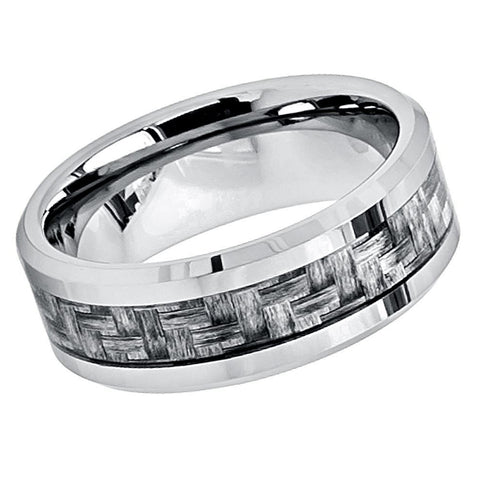 Men's Silver Band With Dark Grey Fiber Inlay Tungsten Wedding Band- 8mm Engraved Tungsten Ring