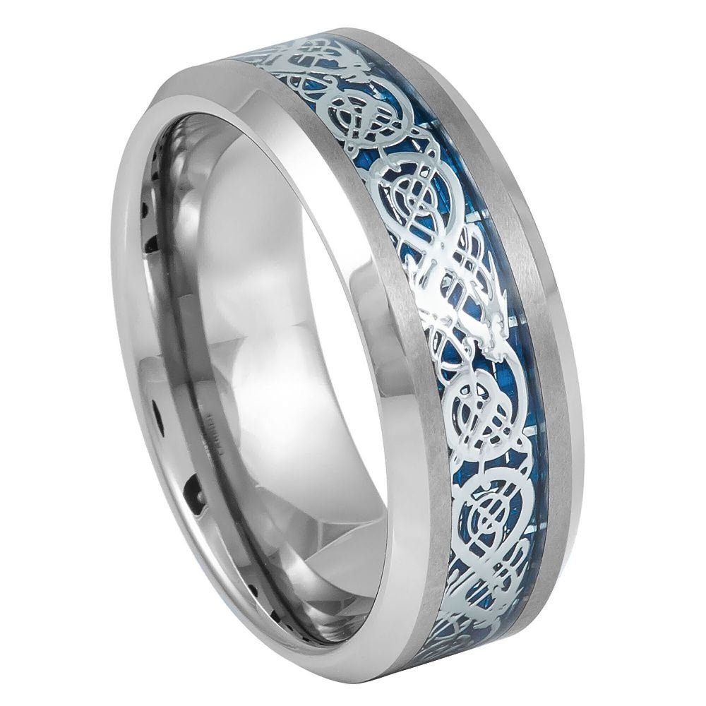 Men's Silver With Blue Center Design Wedding Tungsten Carbide- 8mm Engraved Tungsten Ring