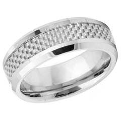 Men's Silver Tungsten Couple Matching Tungsten Ring With White Carbon Fiber Inlay And Beveled Edge Wedding Band- 8mm Engraved Tungsten Ring