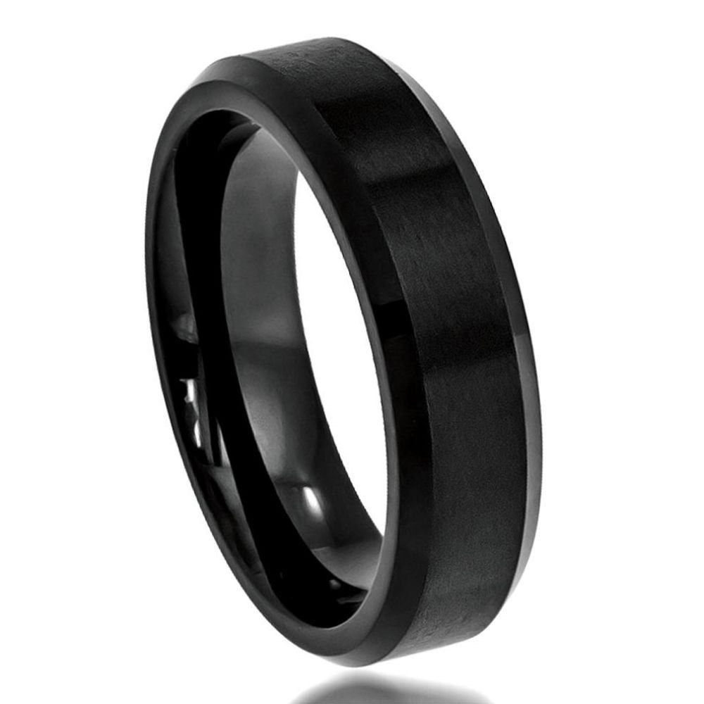 Men's Flat Black Brushed Raised Center Polished Edges Tungsten Wedding Band- 6mm Engraved Tungsten Ring