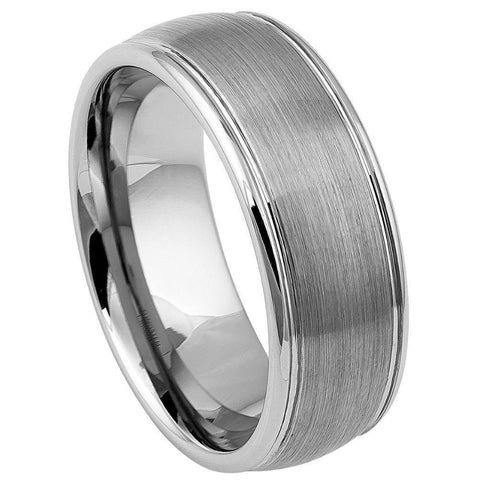 Men's Silver Brushed Tungsten Dome Polished Wedding Band- 8mm Engraved Tungsten Ring