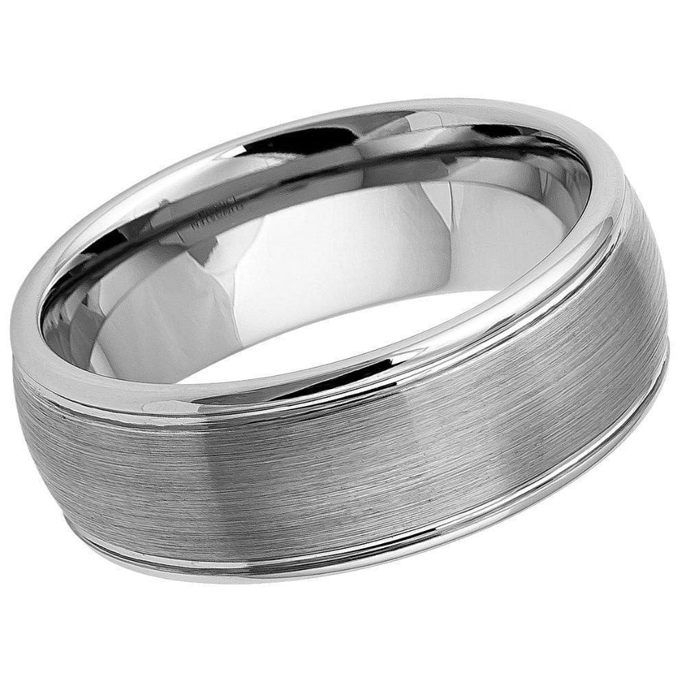 Men's Silver Brushed Tungsten Dome Polished Wedding Band- 8mm Engraved Tungsten Ring