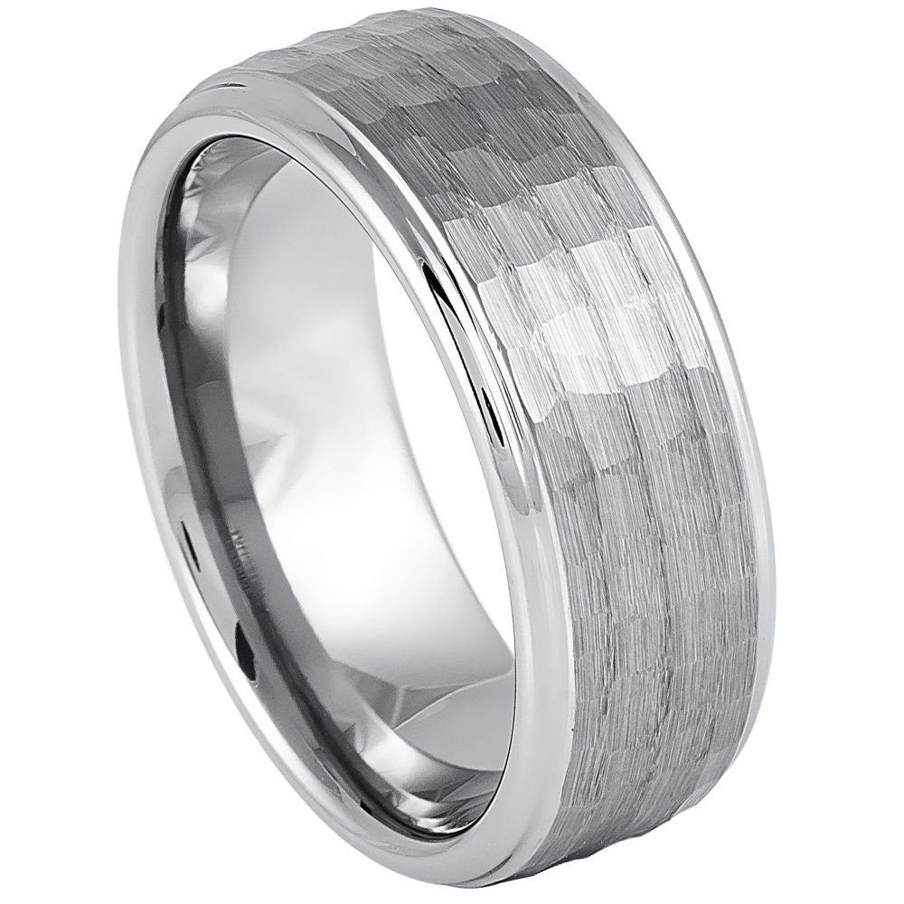 Men's Silver Hammered Tungsten Tungsten Ring Polished Wedding Band- 9mm Engraved Tungsten Ring