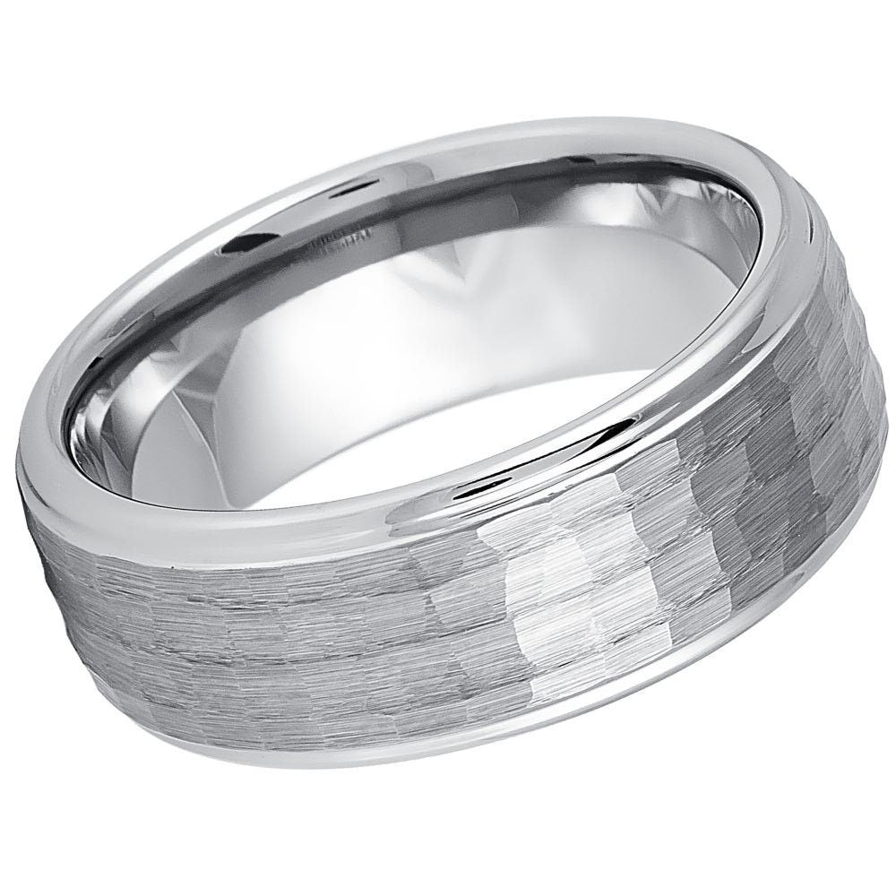 Men's Silver Hammered Tungsten Tungsten Ring Polished Wedding Band- 9mm Engraved Tungsten Ring