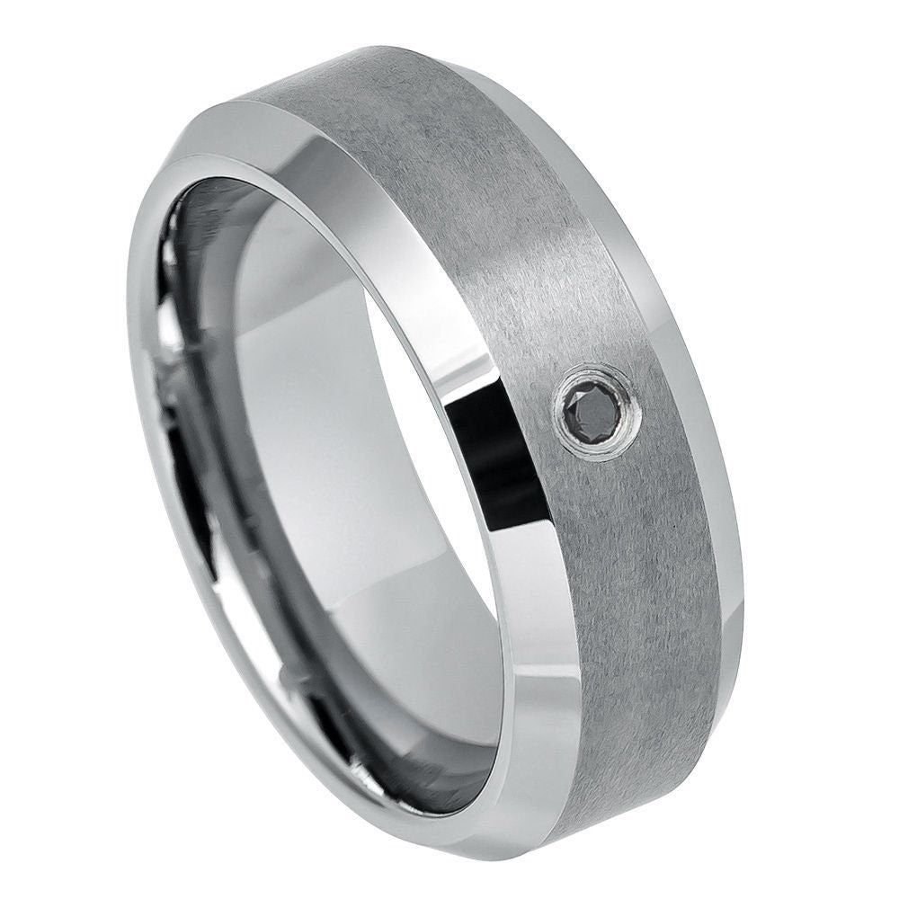 Men's Tungsten Silver Brushed With One Stone Inlay Wedding- 8mm Engraved Tungsten Ring