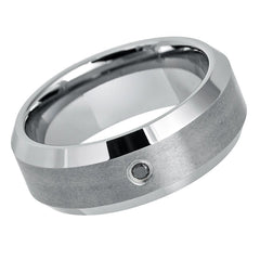 Men's Tungsten Silver Brushed With One Stone Inlay Wedding- 8mm Engraved Tungsten Ring