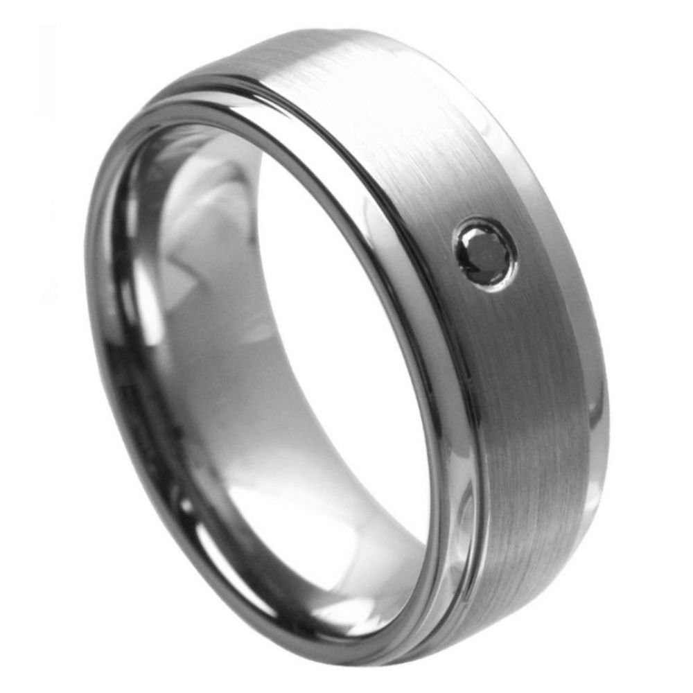 Men's Dark Grey Brushed Shiny Polished With One Stone Inlay Tungsten Wedding- 9mm Engraved Tungsten Ring