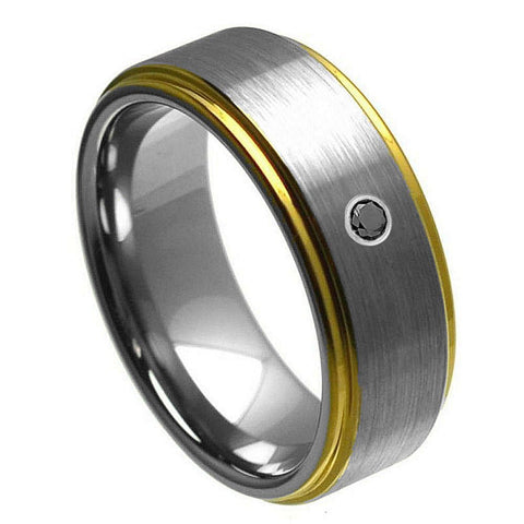 Men's Dark Grey Brushed Gold Finished Line With One Stone Inlay Tungsten Wedding- 8mm Engraved Tungsten Ring