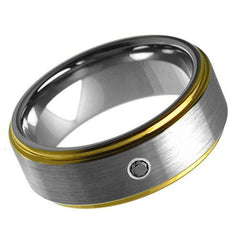 Men's Dark Grey Brushed Gold Finished Line With One Stone Inlay Tungsten Wedding- 8mm Engraved Tungsten Ring