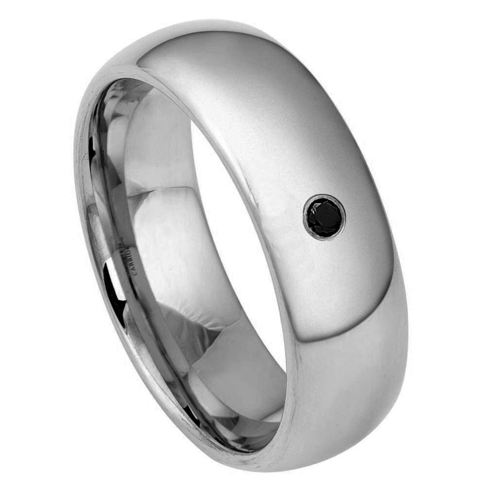 Men's Silver Domed With One Stone Inlay Tungsten Wedding- 8mm Engraved Tungsten Ring