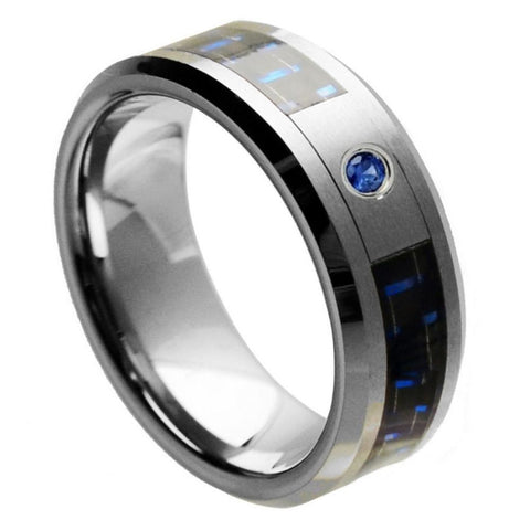 Men's Silver With Black And Blue Fiber Inlay One Blue Stone Tungsten Wedding- 8mm Engraved Tungsten Ring