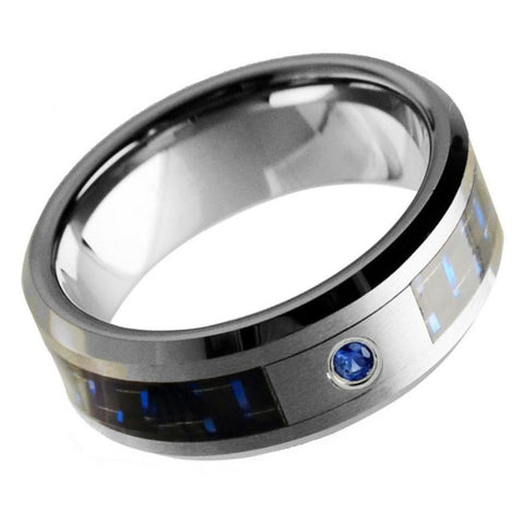 Men's Silver With Black And Blue Fiber Inlay One Blue Stone Tungsten Wedding- 8mm Engraved Tungsten Ring