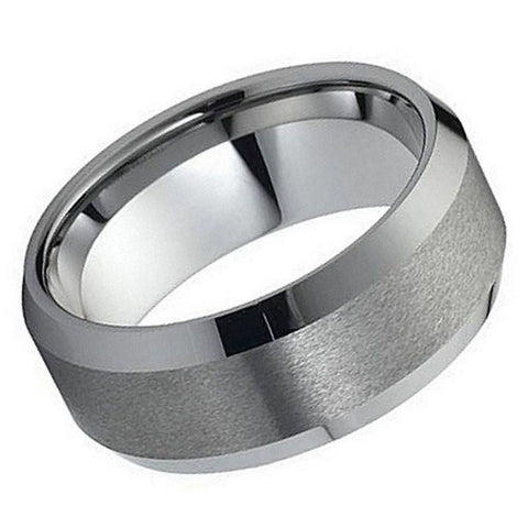 Men's Gray Stepped Low Beveled Edge Gray Brushed Center Tungsten Wedding- 10mm Engraved Tungsten Ring