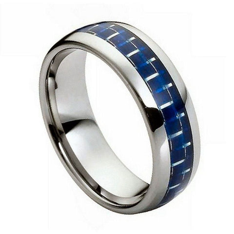 Men's Silver With Carbide Blue Carbon Fiber Inlay Tungsten Wedding- 8mm Engraved Tungsten Ring