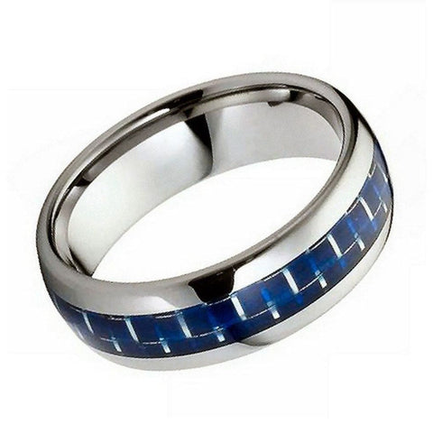 Men's Silver With Carbide Blue Carbon Fiber Inlay Tungsten Wedding- 8mm Engraved Tungsten Ring