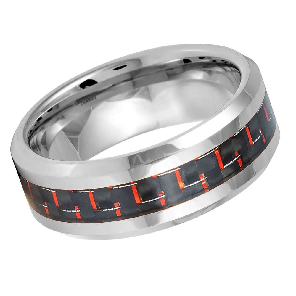 Men's Silver Carbide With Red Carbon Fiber Inlay Tungsten Wedding- 8mm Engraved Tungsten Ring