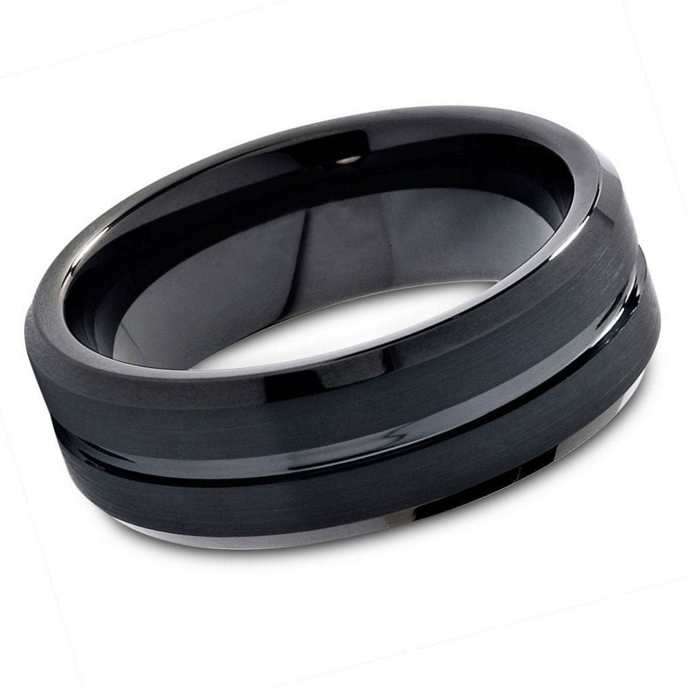 Unisex Black Tungsten Wedding Band Comfort Fit Beveled Edge- 8mm Engraved Tungsten Ring