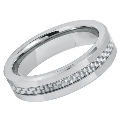 Men's Silver With White Carbon Fibre Inlay Tungsten Comfort Fit Wedding- 6mm Engraved Tungsten Ring