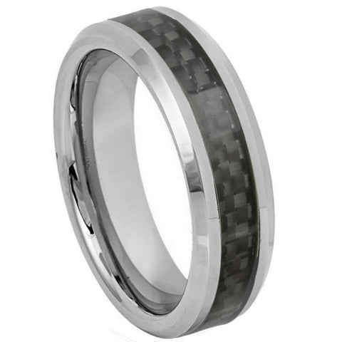 Men's Silver With Black Carbon Fiber Inlay Tungsten Tungsten Ring Black Beveled Edge- 6mm Engraved Tungsten Ring